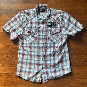 Harley Davidson short sleeve button up snap logo shirt